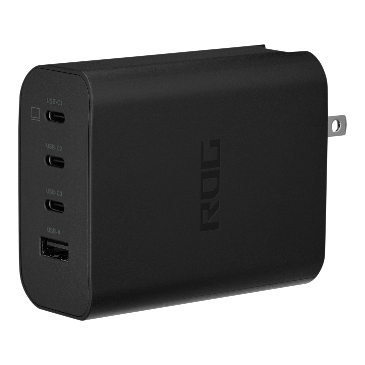 A black multi-port USB charger with three outputs visible and the brand ROG initials on the side