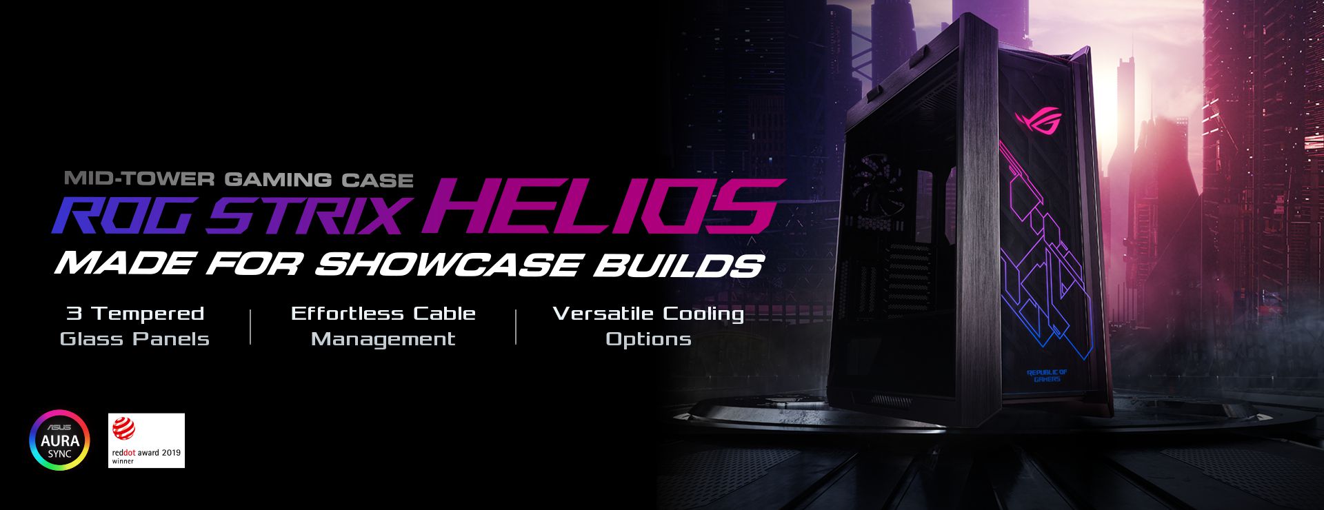 ROG Strix Helios mid-tower gaming case product photo with cyberpunk city background