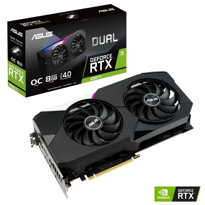 Dual GeForce RTX 3060 Ti OC Edition packaging and graphics card with NVIDIA logo