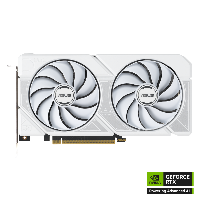 ASUS DUAL GeForce RTX™ 5060 Ti White edition graphics card, front view with NVIDIA logo
