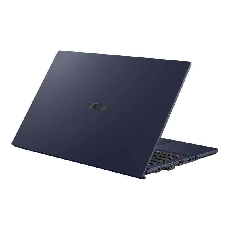 An angled rear view of an ASUS ExpertBook B1 showing the Star Black chassis