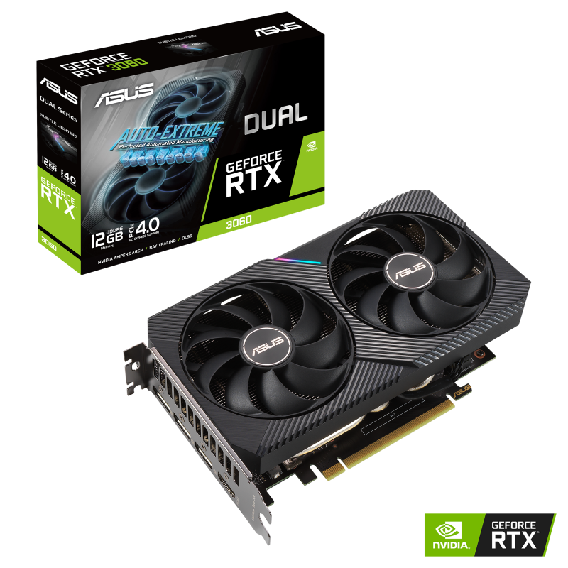 Dual GeForce RTX 3060 packaging and graphics card with NVIDIA logo