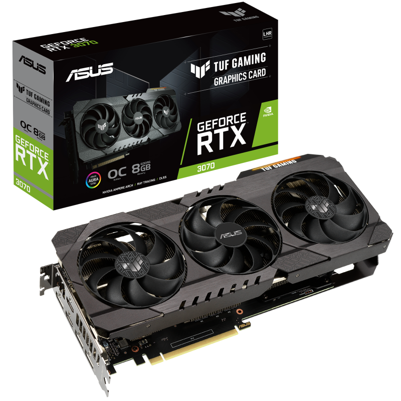 TUF Gaming GeForce RTX™ 3070 V2 OC Edition Packaging and graphics card