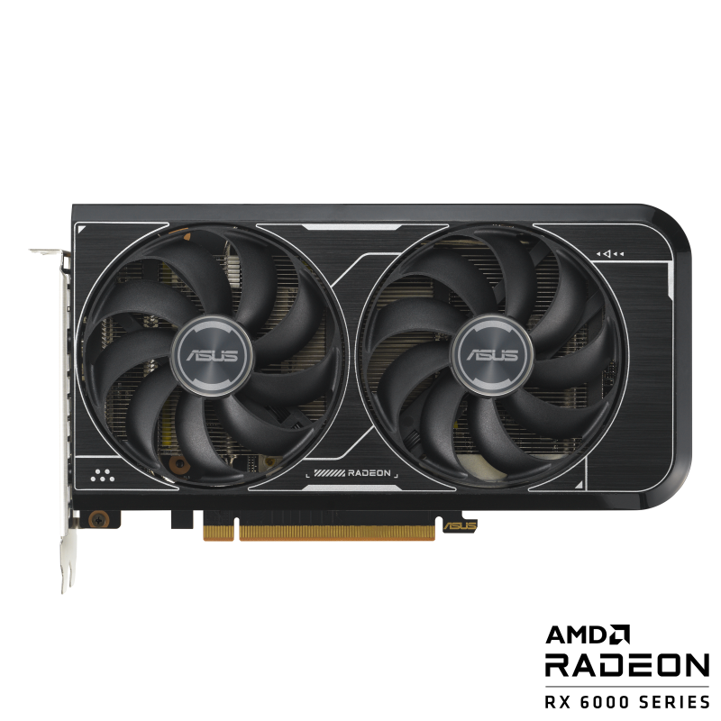 ASUS Dual Radeon RX 6600 V3 front view of the with black AMD logo
