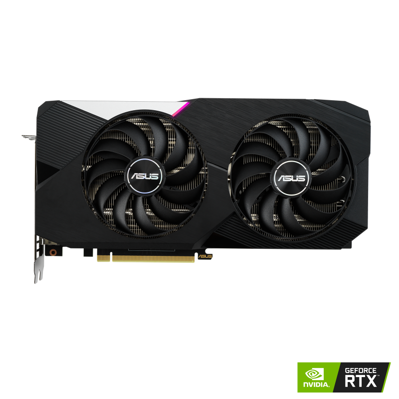 Dual GeForce RTX 3060 Ti V2 OC Edition graphics card with NVIDIA logo, front view
