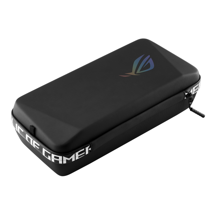 A black carrying case with a textured surface and a colorful ROG logo on top