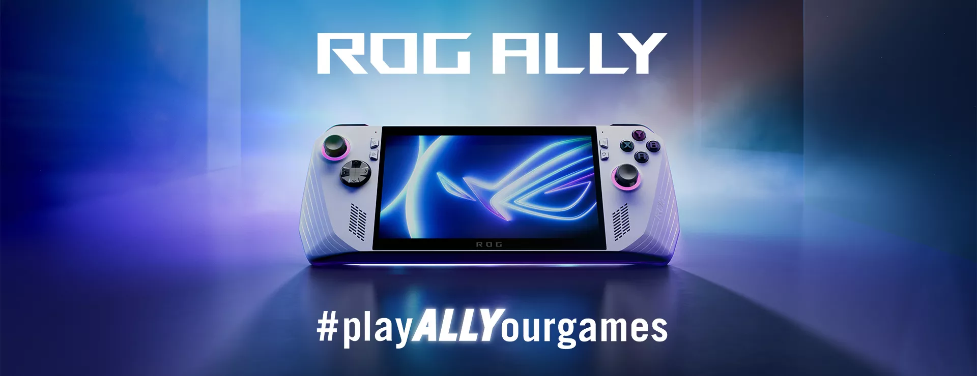 Консоль ROG Ally на голубом фоне. Под ней видна подпись “#Все игры всегда с тобой”