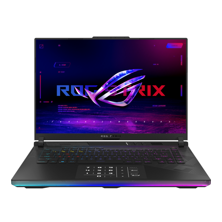 Shot of the Strix SCAR 16 with the with the lid open, with the ROG Fearless Eye logo on screen