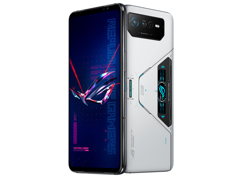 Two ROG Phone 6 Pro angled view from both front and back, tilting at 45 degrees