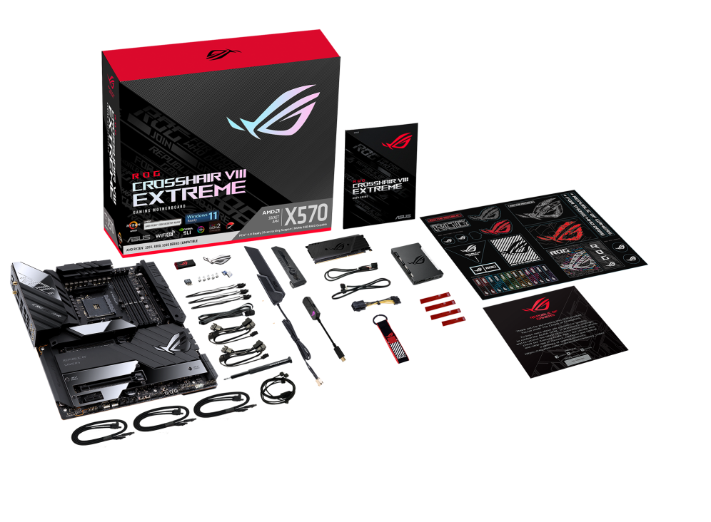 ROG CROSSHAIR VIII EXTREME top view with what’s inside the box