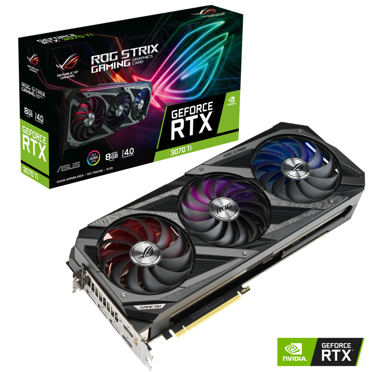 ROG-STRIX-RTX3070TI-8G-GAMING graphics card and packaging with NVIDIA logo