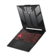 2023 TUF Gaming A15 Off center view of the TUF A15, with the TUF logo on screen and the keyboard illuminated in red