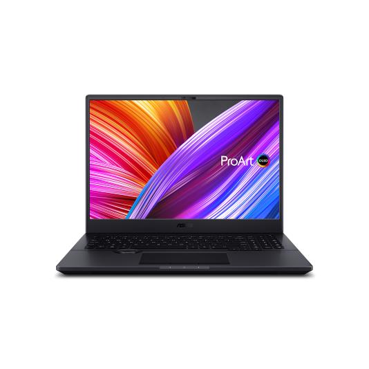 Uma vista frontal de um ASUS ProArt Studiobook em modo portátil com um padrão de fitas coloridas mostrado no ecrã.