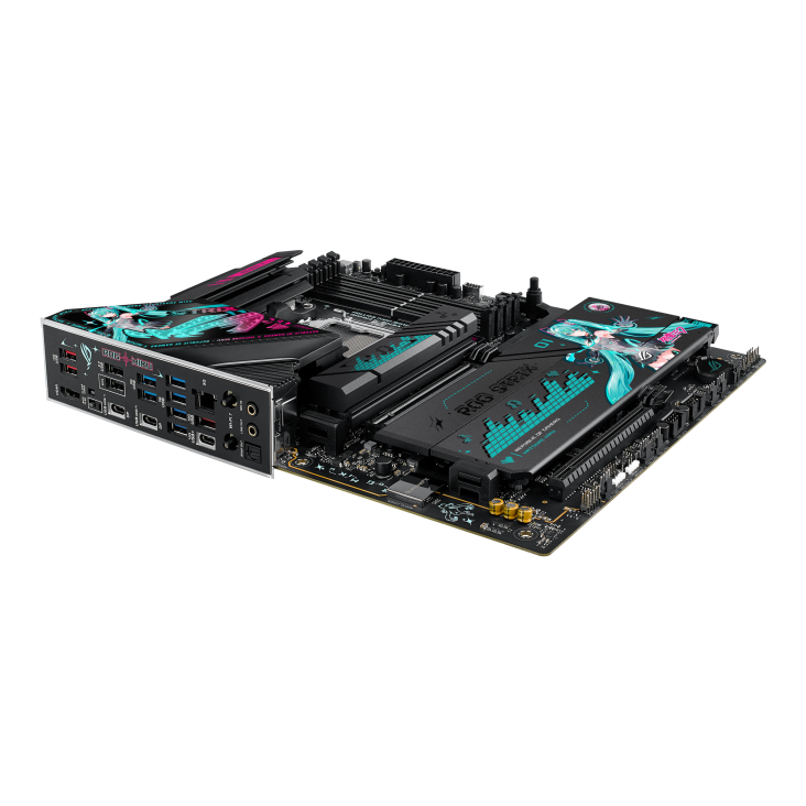 ROG STRIX X870E-H GAMING WIFI7 HATSUNE MIKU EDITION lie flat, viewed from the I/O ports side