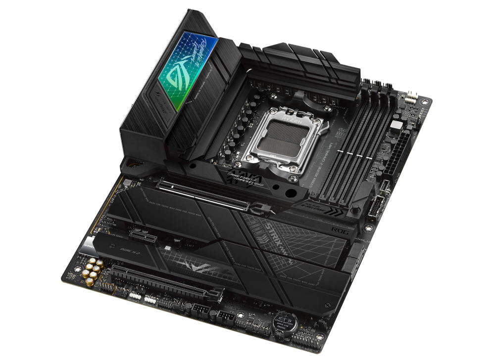 ROG STRIX X670E-F GAMING WIFI top and angled view from right