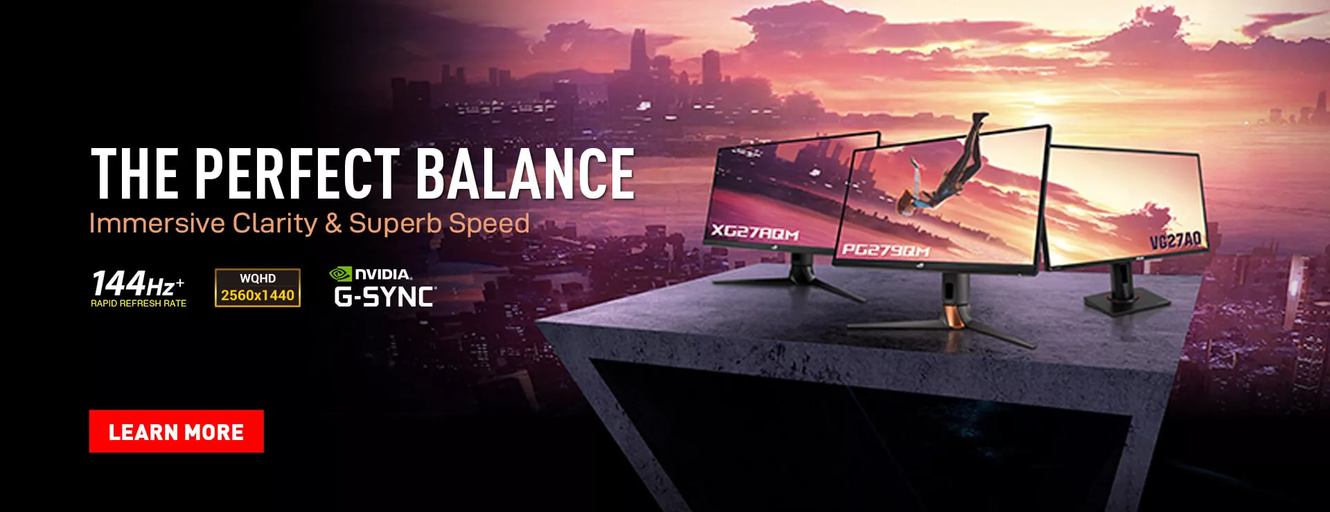 The ROG and TUF gaming 1440P gaming monitor lineup photo with a Nvdia G-sync logo