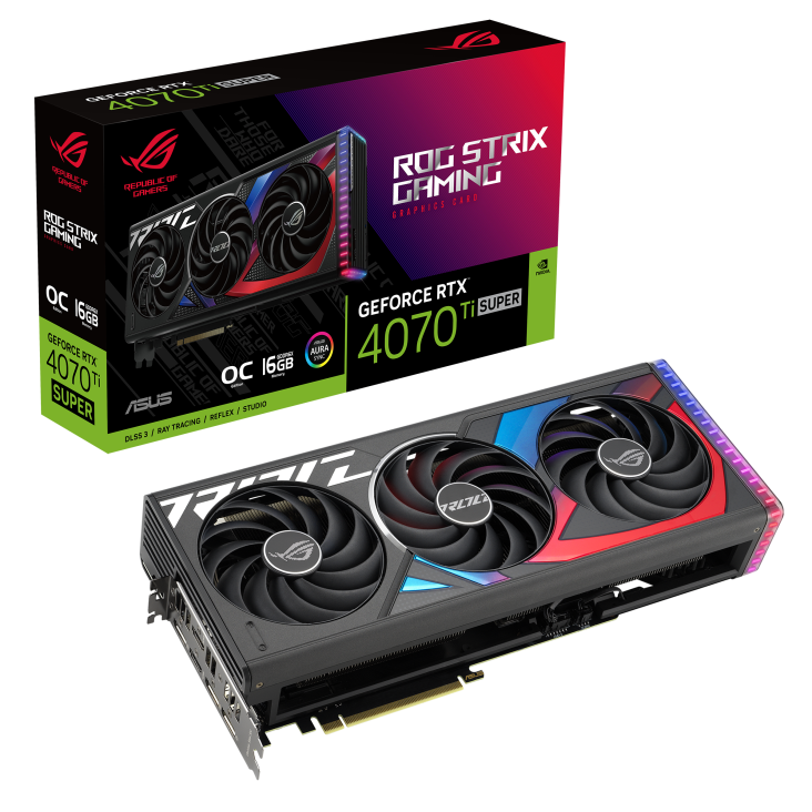 ROG Strix GeForce RTX 4070 Ti SUPER OC Edition packaging and graphics card