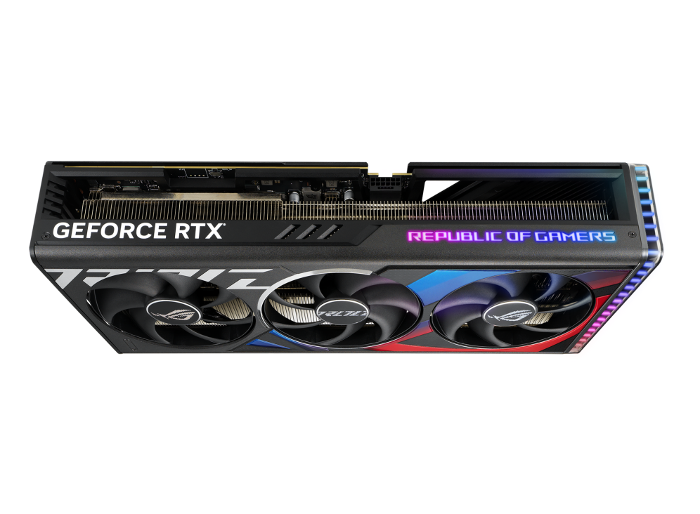 Angled top view of the ROG Strix GeForce RTX 4080 graphics card showing off the ARGB element and 3.5-slot design