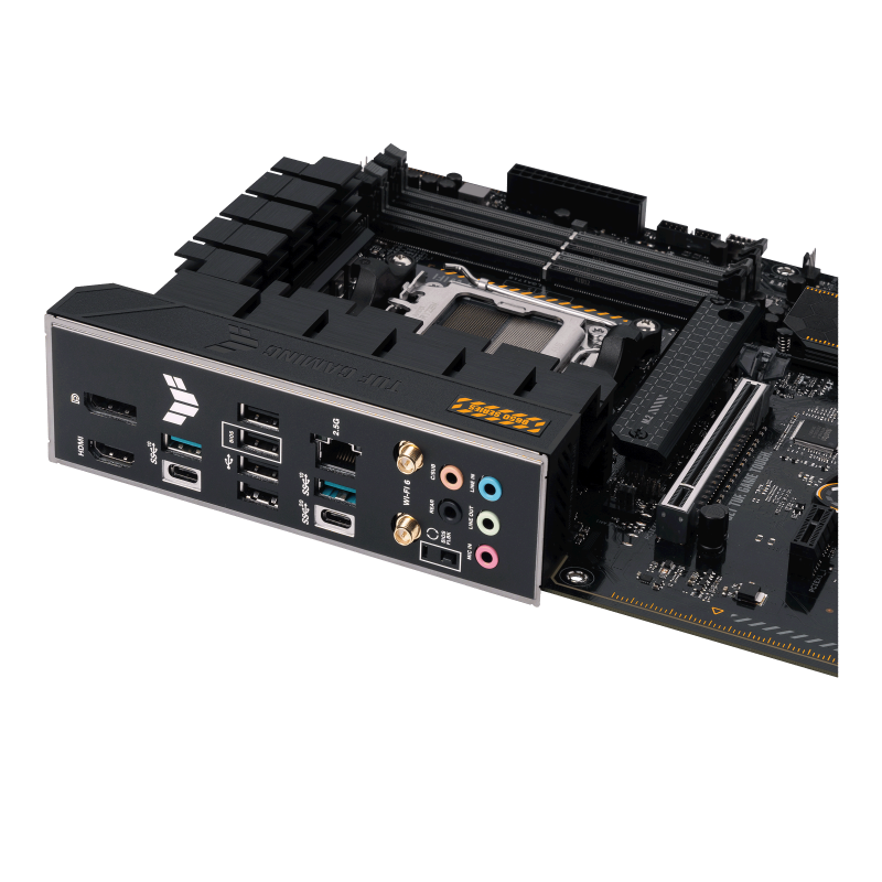 TUF GAMING B650-PLUS WIFI front view, tilted 45 degrees, I/O ports