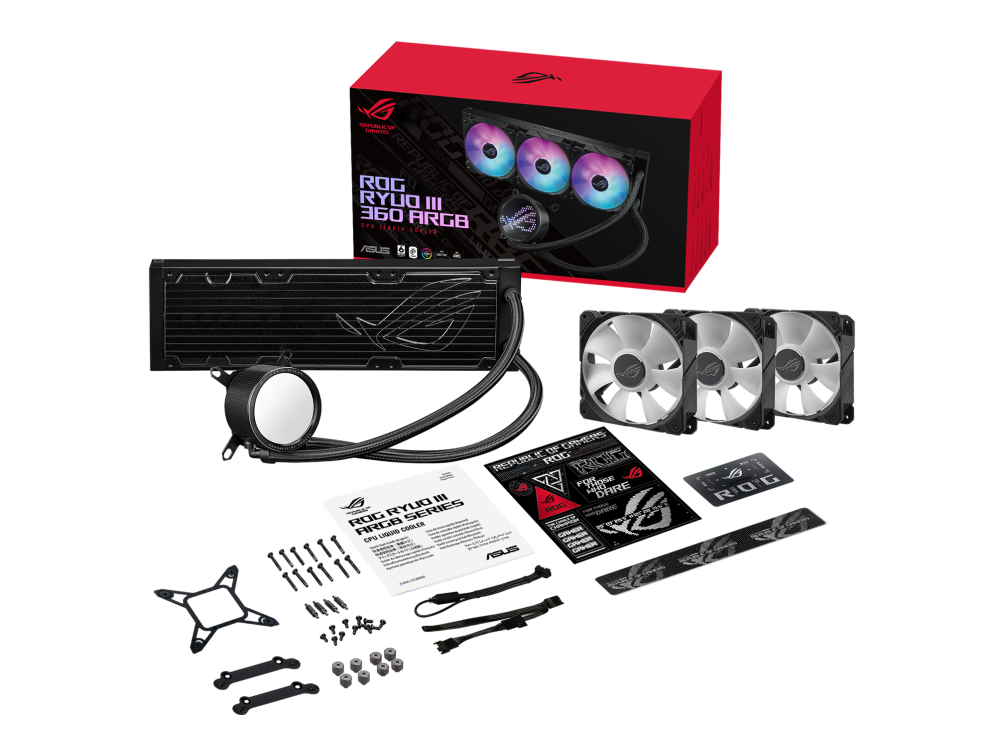 ROG RYUO III 360 ARGB front view with what’s in the box
