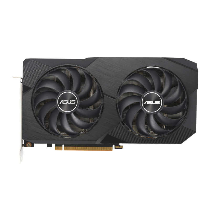 Front view of the ASUS Dual Radeon RX 6650 XT V2 OC Edition graphics card with AMD logo