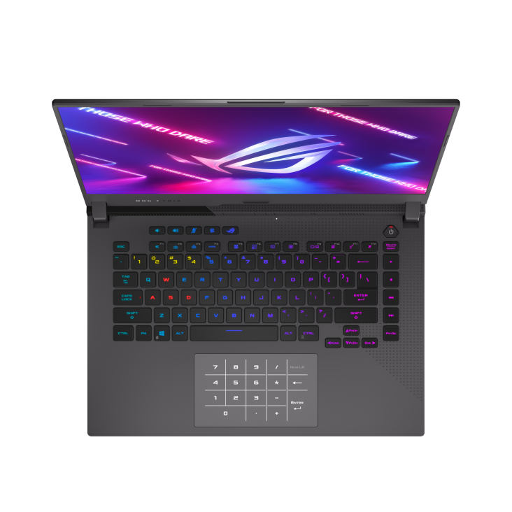 Top down view of the ROG Strix G15, with the NumberPad and keyboard illuminated and ROG logo on screen.