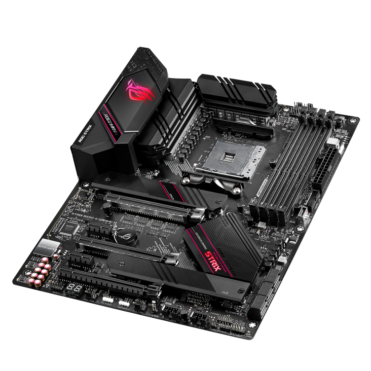 ROG STRIX B550-E GAMING top and angled view from right