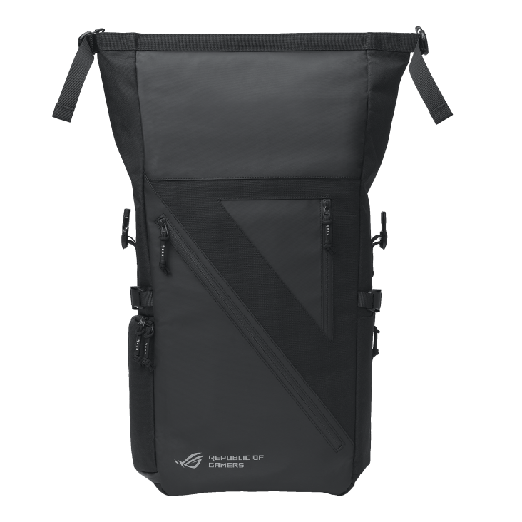 The ROG Archer Backpack 17 sitting by itself, with the top compartment open