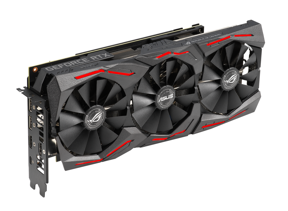 ROG-STRIX-RTX2070-O8G-GAMING graphics card, angled top down view, highlighting the fans, ARGB element, and I/O ports