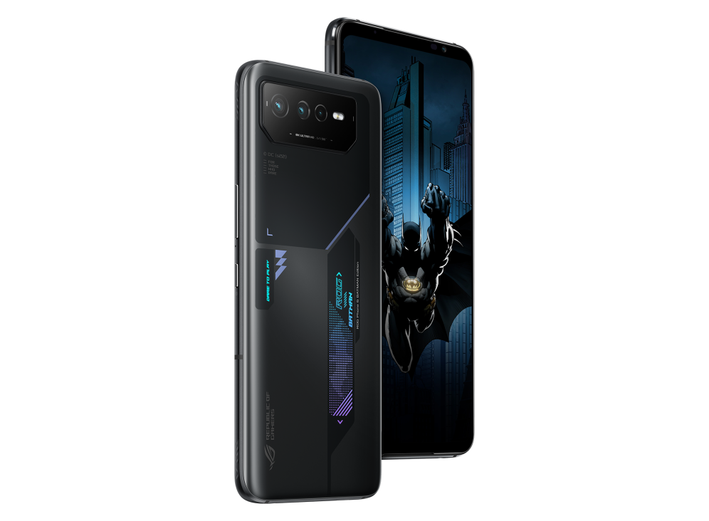 ROG Phone 6 BATMAN Edition angled view from front and the other BATMAN Edition angled view from back, tilting at 45 degrees