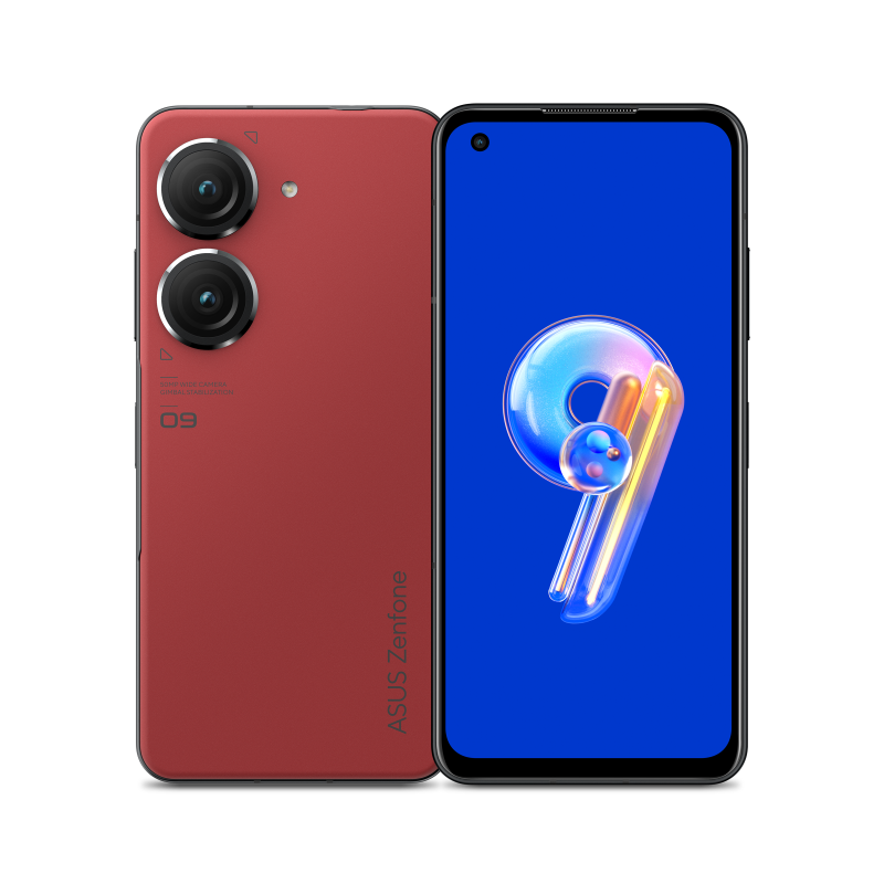 Two sunset red Zenfone 9 angled view from both front and back