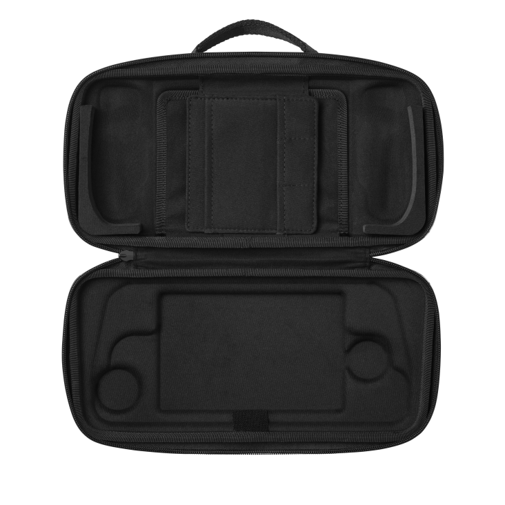 An open, black zippered case with a soft interior and empty compartments on a dark background