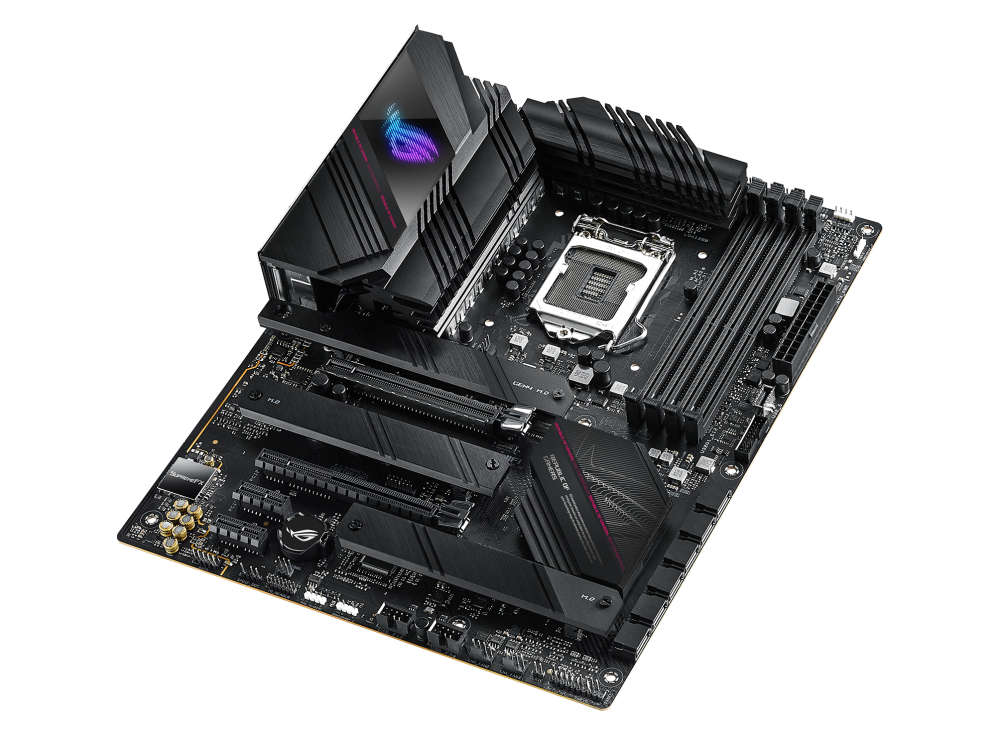 ROG STRIX B560-E GAMING WIFI top and angled view from right