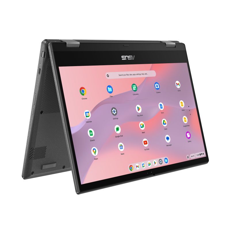 ASUS Chromebook Enterprise CM14 Flip opened in tent mode.