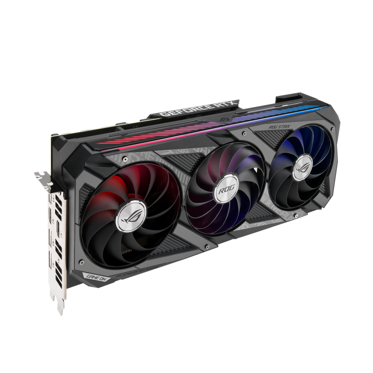 ROG-STRIX-RTX3060TI-O8G-GAMING graphics card, angled top down view, highlighting the fans, ARGB element, and I/O ports