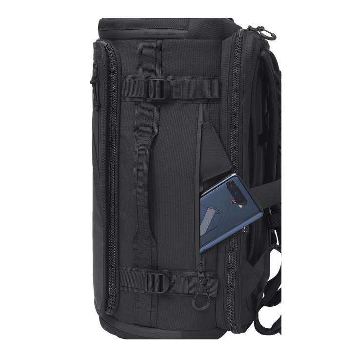 Left side of the ROG Archer Weekender 17 with an ROG Phone inside the side pocket