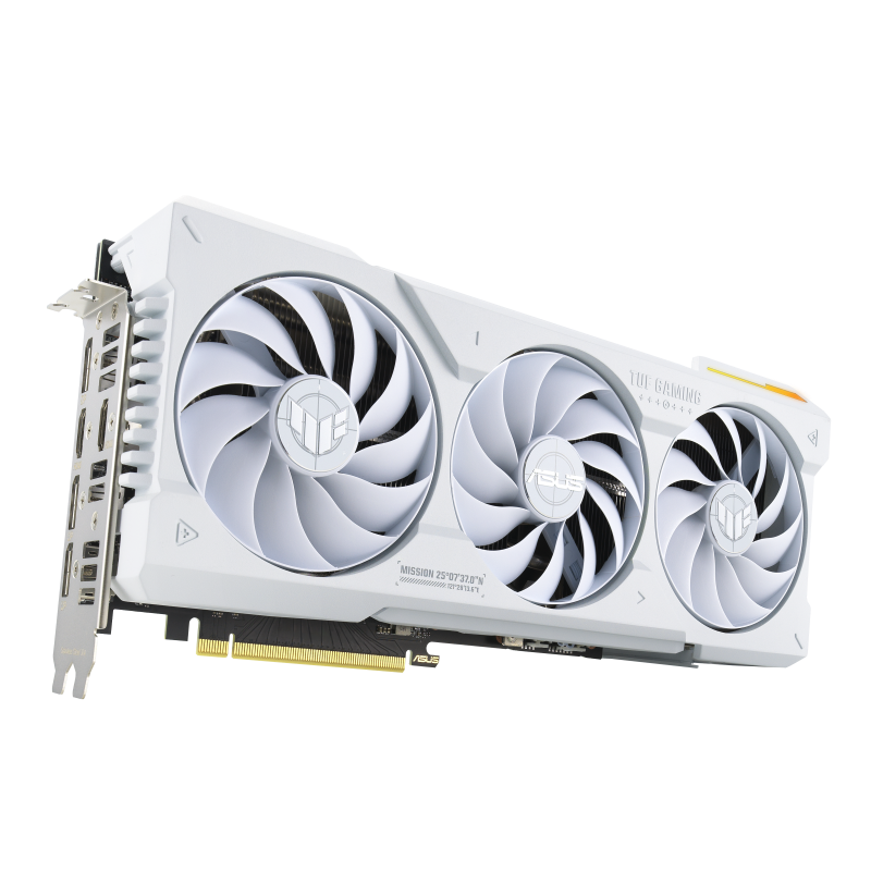 TUF Gaming GeForce RTX 4070 Ti SUPER white graphics card hero shot from the front side 1