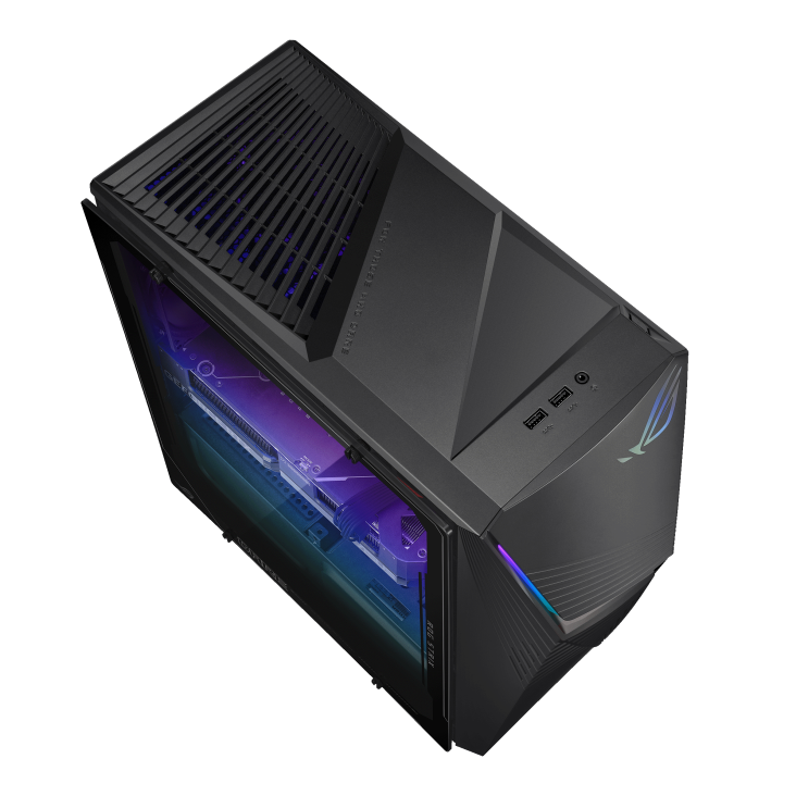 ROG Strix G13CHR 的俯視圖，帶有電源底部、兩個 A 型、一個 C 型和一個耳機插孔