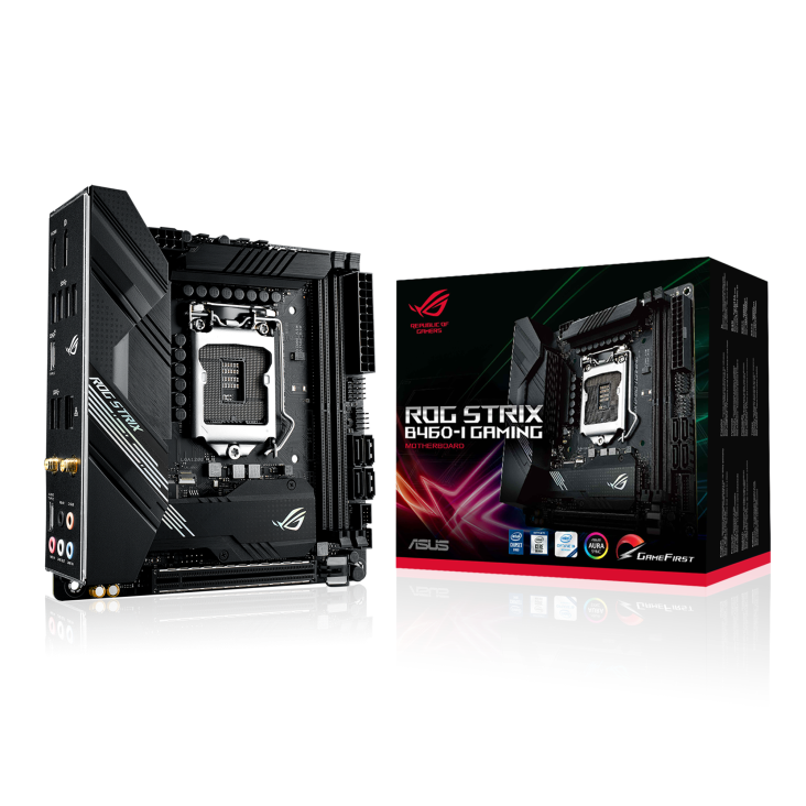 ROG STRIX B460-I GAMING angled view from left with the box