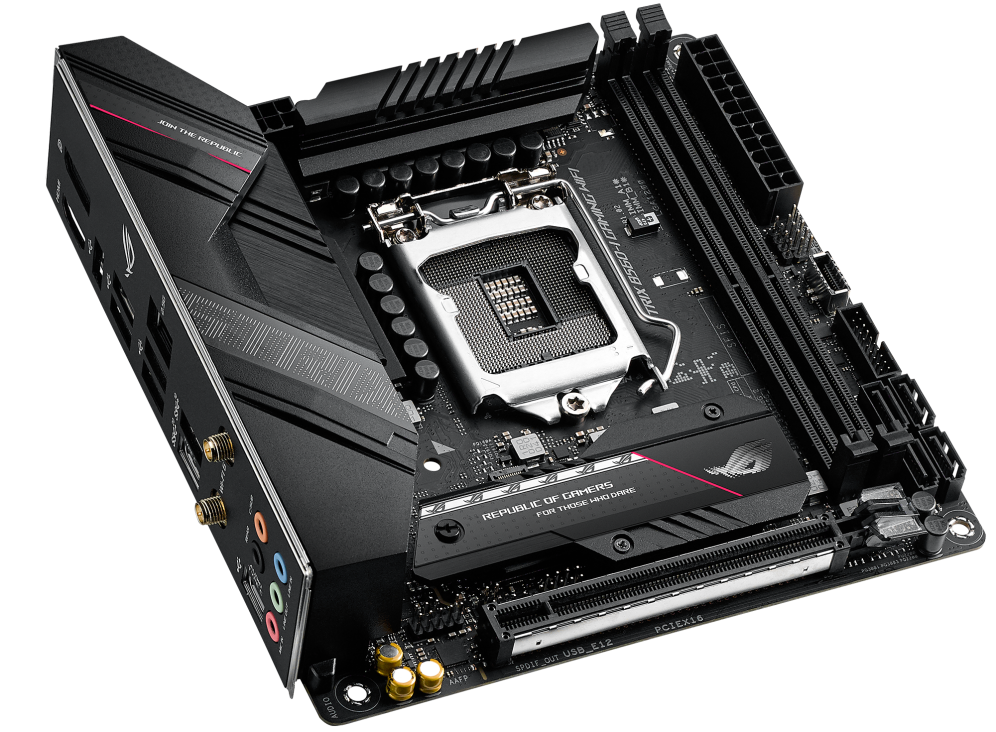 ROG STRIX B560-I GAMING WIFI top and angled view from left