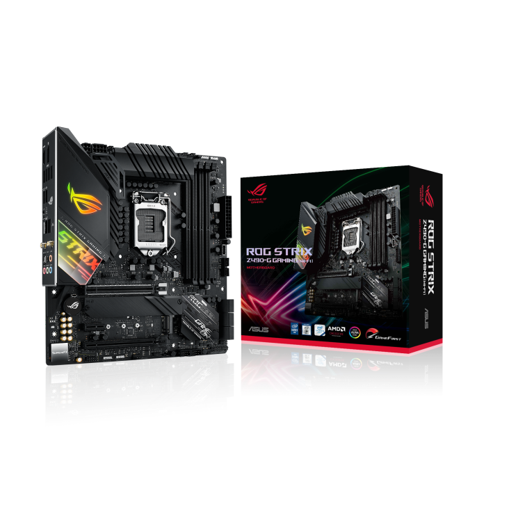 ROG STRIX Z490-G GAMING (WI-FI) angled view from left with the box