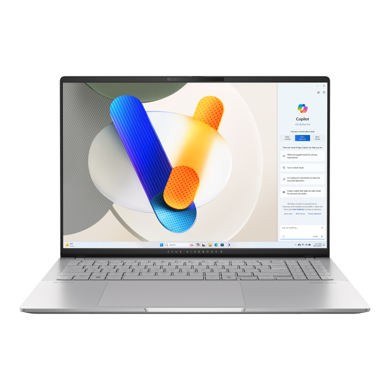 Cool Sliver ASUS Vivobook S 16 OLED display opened from the front view.