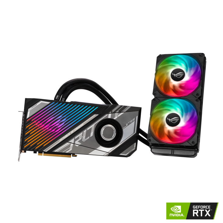 ROG-STRIX-LC-RTX3080TI-O12G-GAMING graphics card and radiator, front angled view with ARGB fans