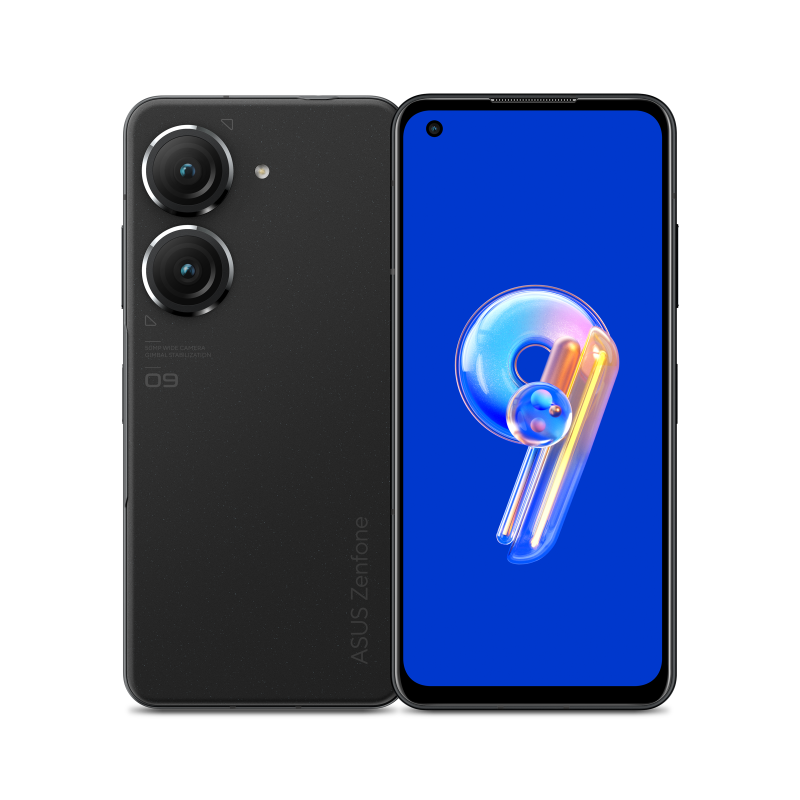 A midnight black Zenfone 9 show the front and back side