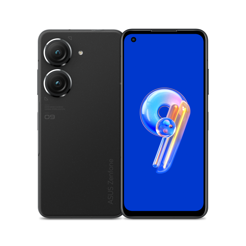 Two midnight black Zenfone 9 angled view from both front and back