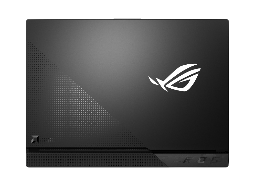 Top down view of the ROG Strix G15 Advantage Edition with the lid closed, with emphasis on the transluscent black Armor Cap.