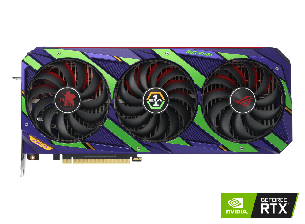 Front side of the ROG Strix GeForce RTX 3090 EVA Edition graphics card with NVIDIA logo