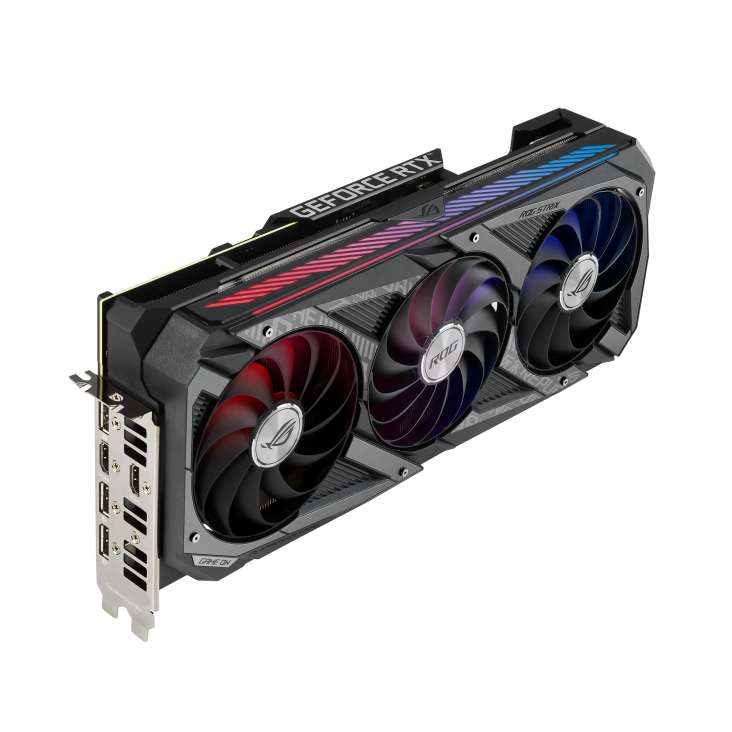 ROG-STRIX-RTX3070-8G-V2-GAMING graphics card, angled top down view, highlighting the fans, ARGB element, and I/O ports