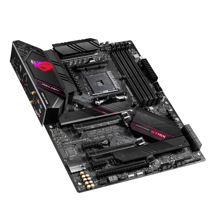 ROG STRIX B550-E GAMING top and angled view from left