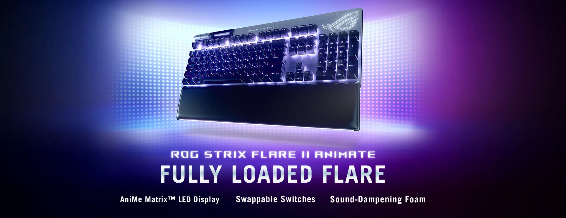 Poster visual of ROG Strix Flare II Animate keyboard in front of a wall of LEDs